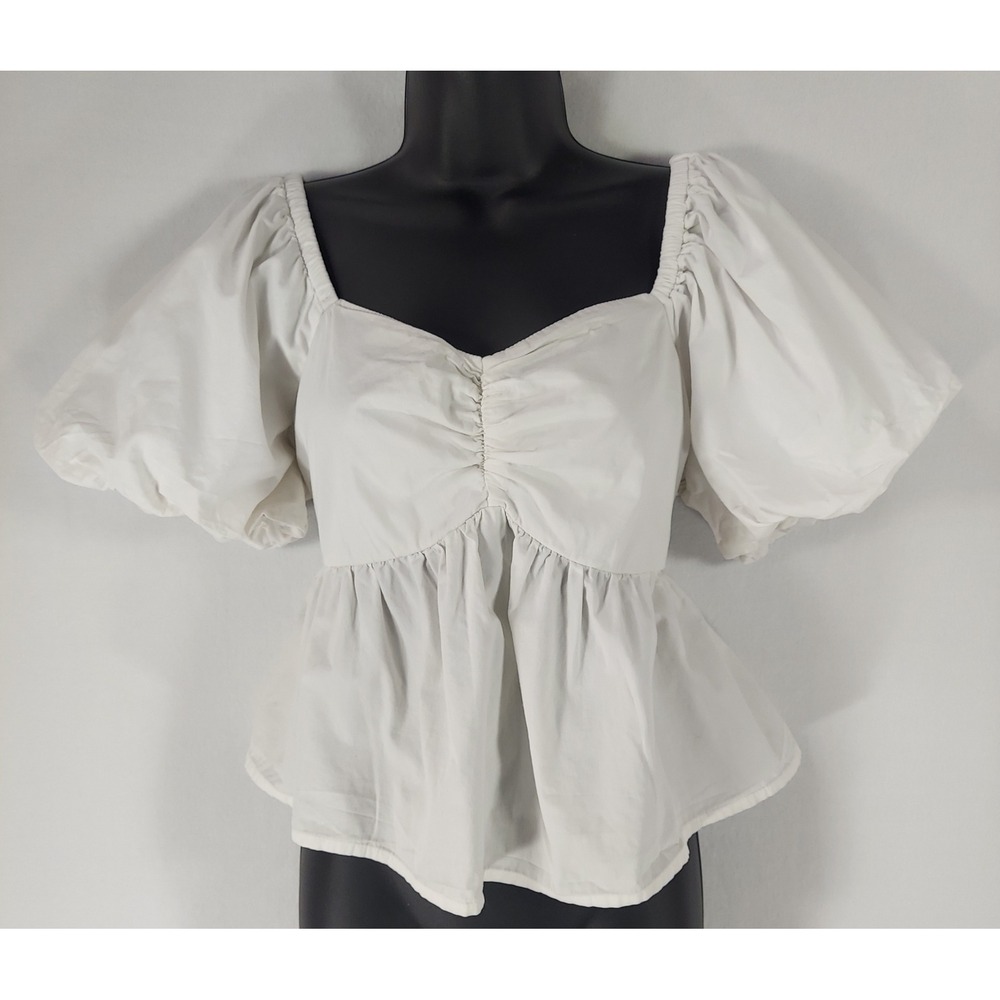 White Puff Sleeve Peplum Babydoll Sweetheart Cotton Smocked Back Top Women L